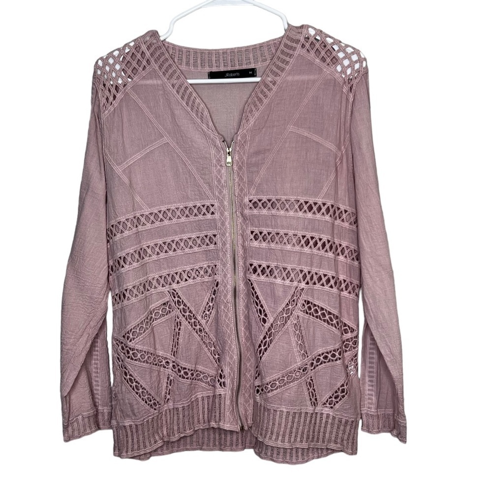 J Robert’s Womens M Pink Laser Cut Zip Top Butterfly Crochet Back Long Sleeve